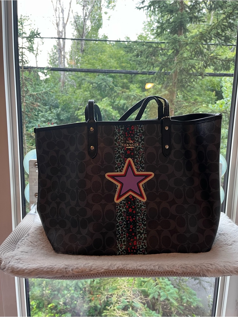 Coach navy Signature Tote with Purple Star and Multicolor Stripe